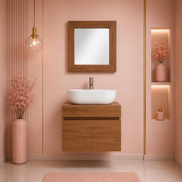 MUEBLE PARA BAÑO FLOTANTE MACKE DE 20" COGÑAC MDP LAVABO MONOMANDO Y ESPEJO