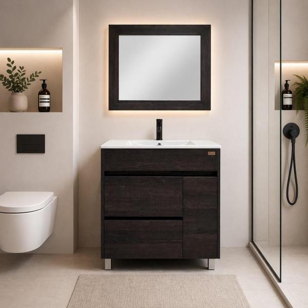 MUEBLE PARA BAÑO DE PISO SAGITARIO 32" CAFE MDP LAVABO MONOMANDO ESPEJO