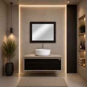 MUEBLE PARA BAÑO FLOTANTE MARC 32" BEIGE CAFE OBSCURO MDP LAVABO MONOMANDO ESPEJO