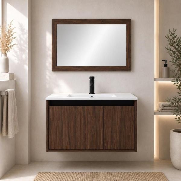 MUEBLE PARA BAÑO FLOTANTE CARAVAGGIO 32" NOGAL MDP LAVABO MONOMANDO