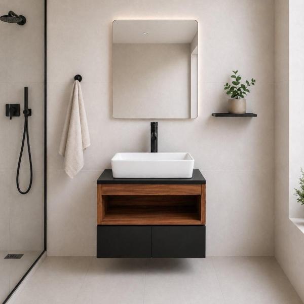 MUEBLE PARA BAÑO FLOTANTE FRIDA 20" NOGAL NEGRO MDP LAVABO Y MONOMANDO