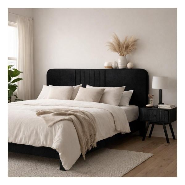 Cabecera King Size con 1 Buró Color Negro - Melamina, MDF y Tapiz