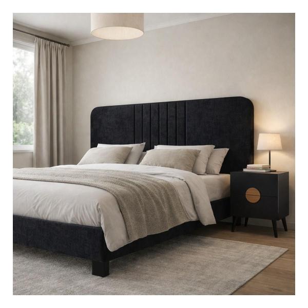 Cabecera King Size con 1 Buró Color Negro - Melamina, MDF y Tapiz