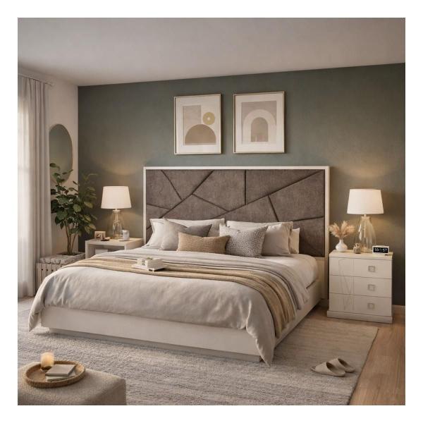 Cabecera King Size con 1 Buró Colr Gris y Blanco - Madera Industrializada y Tapiz