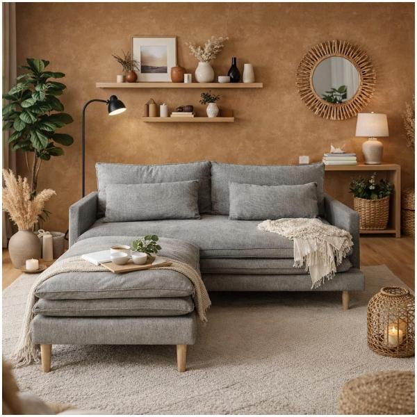 Sofá de 3 Plazas con Taburete Eula - Color Gris Claro