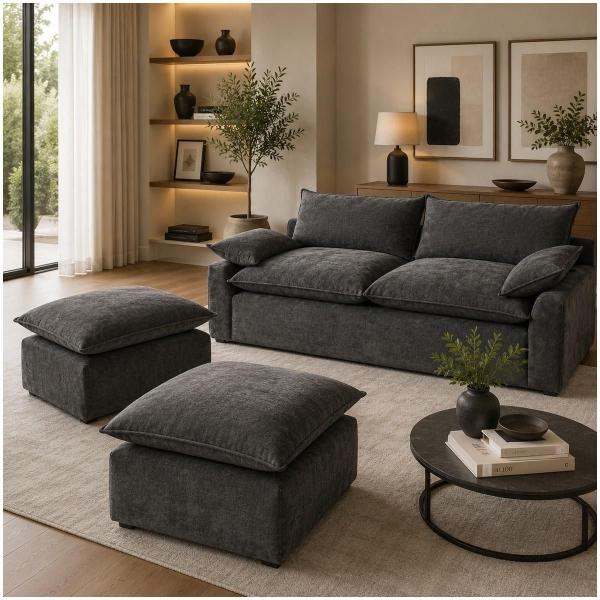 Sofá de 3 Plazas con 2 Taburetes Pit - Color Gris Oxford