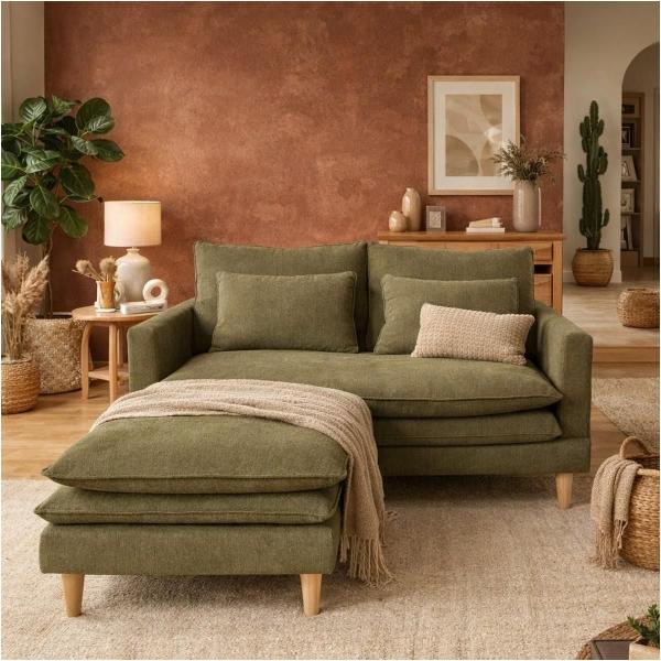Sillón de 2 Plazas con Taburete Eula - Color Verde Olivo