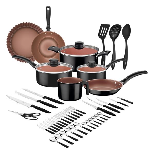 Bateria de cocina Tramontina práctica 46 piezas negra con cobre