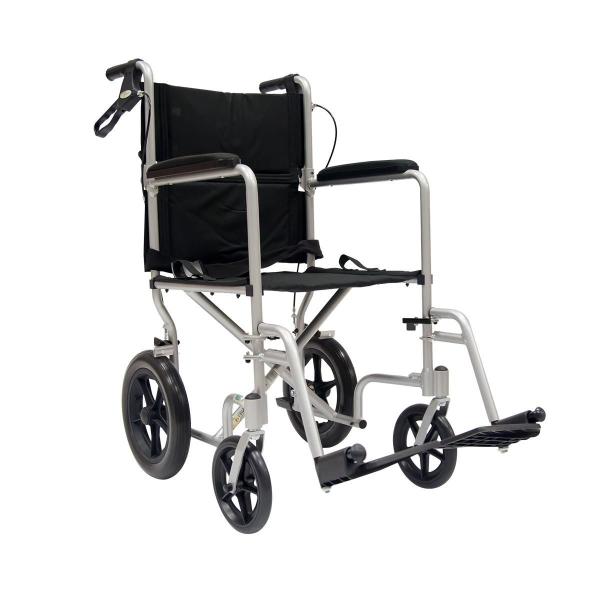 SILLA DE RUEDAS DE ALUMINIO TIPO TRASLADO DE LUJO, RUEDAS TRASERAS 12" CON FRENO