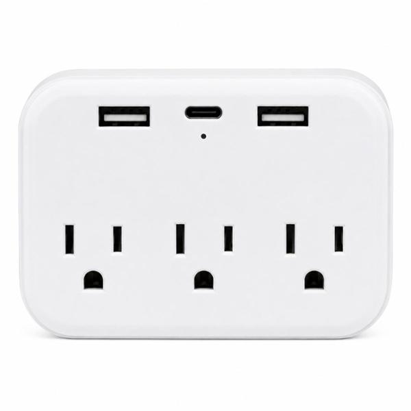 MULTICONTACTO DE PARED CON 3 CONTACTOS, 2 PUERTOS USB-A Y 1 PUERTO USB-C DE PLÁSTICO BLANCO