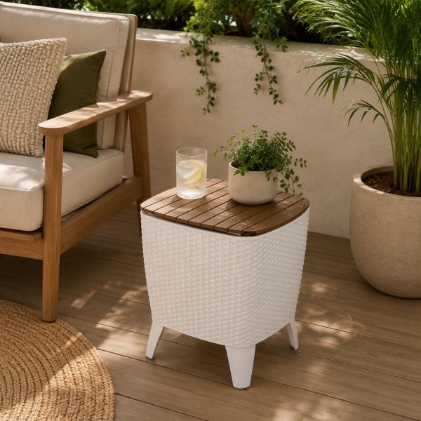 MESA HIELERA COOLER 2 EN 1 PARA JARDIN RESINA UV BLANCO/ CARAMELO