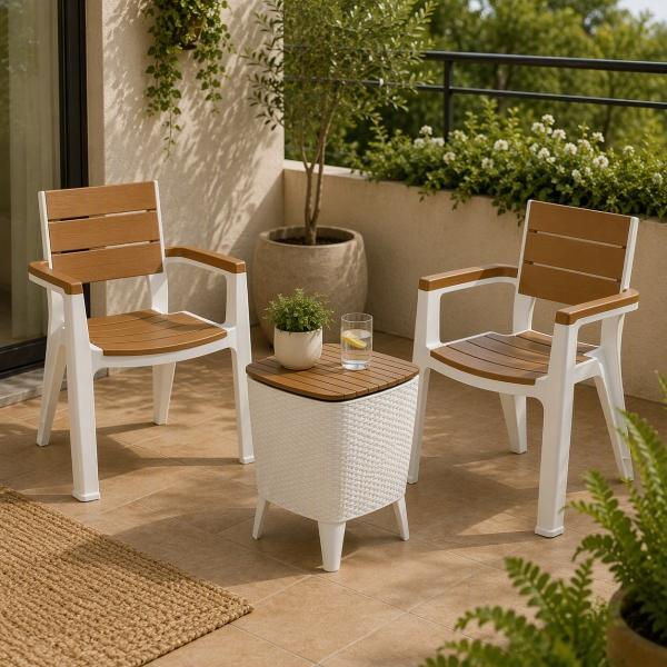 SET DOS SILLAS Y MESA HIELERA PARA JARDÍN POLIPROPILENO UV BLANCO / CARAMELO 3 PIEZAS