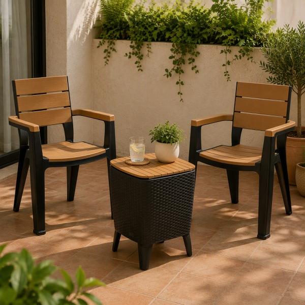 SET DOS SILLAS Y MESA HIELERA PARA JARDIN POLIPROPILENO UV TABACO 3 PIEZAS