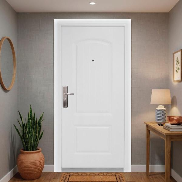 PUERTA DE SEGURIDAD CON 11 PASADORES Y CERRADURA TRADICIONAL 95X205 APERTURA REVERSIBLE COLOR BLANCO