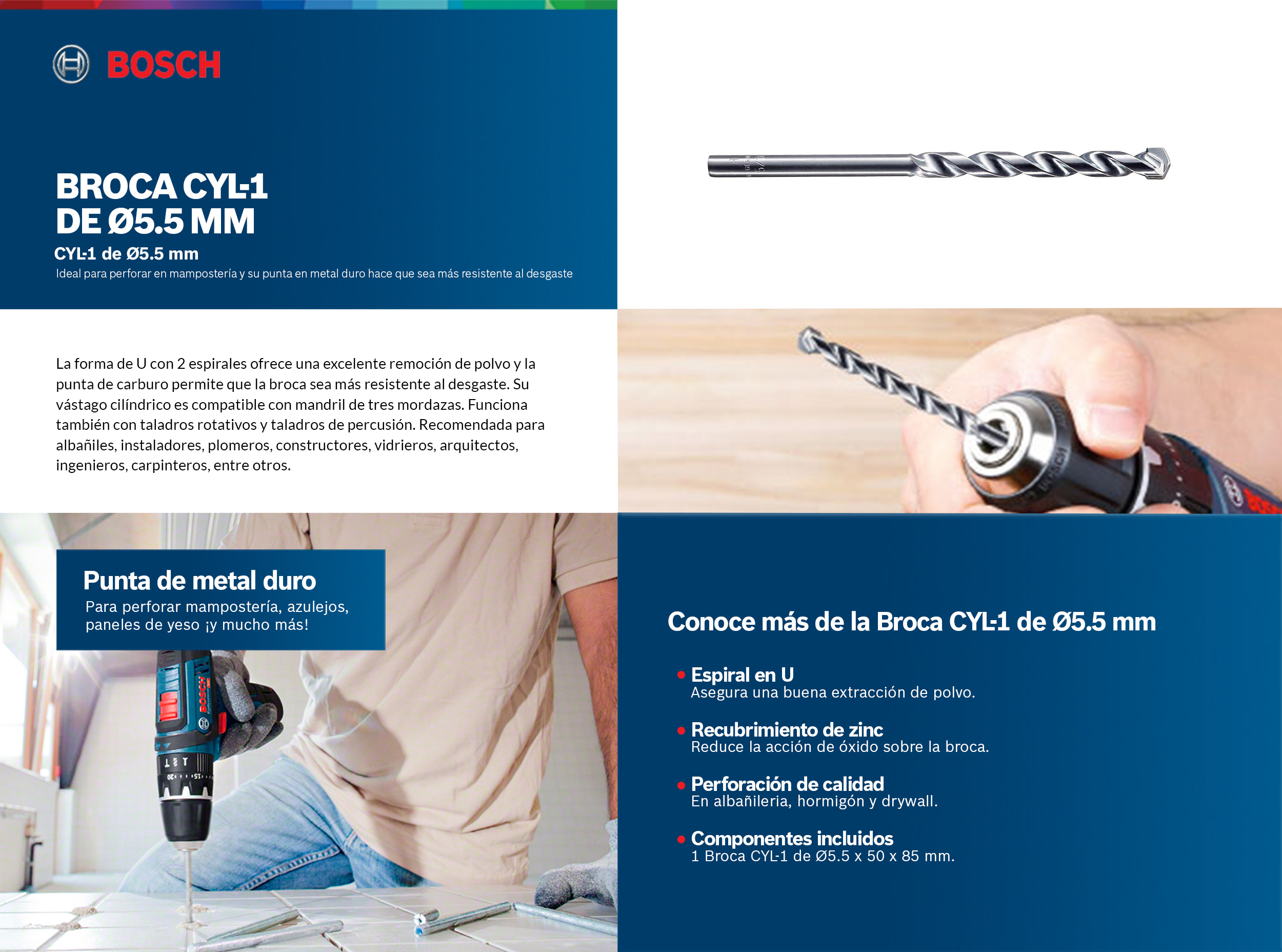BROCA PARA CONCRETO BOSCH CYL-1 5.5 X 50 X 85 MM | The Home Depot México