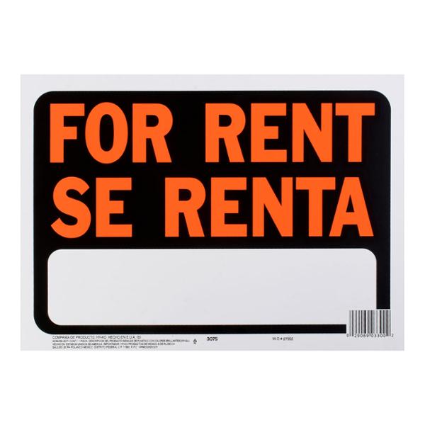 LETRERO DE PLÁSTICO PARA PARED FOR RENT/SE RENTA 21.5 X 30.6 CM