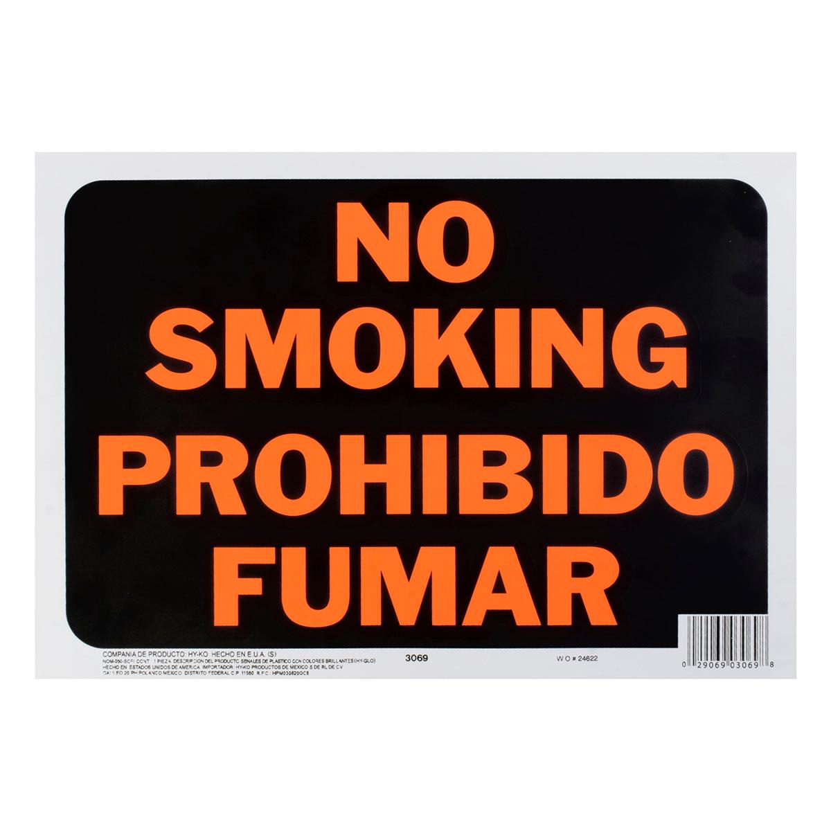 Letrero de plástico para pared prohibido fumar 21.5 x 30.5 cm
