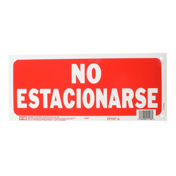 LETRERO DE PLÁSTICO PARA PARED "NO ESTACIONARSE" DE 15 X 36 CM