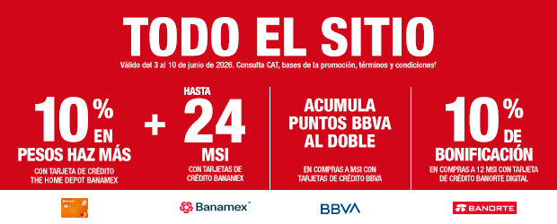 10% en pesos haz más (con tarjeta de crédito THD Banamex) + hasta 24 meses sin intereses (con tarjetas de crédito Banamex) + acumula puntos BBVA al doble en compras a MSI (con tarjetas de crédito BBVA) + 10% de bonificación en compras a 12 MSI (con tarjeta de crédito Banorte digital)