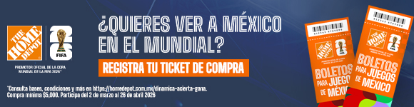 Banner Acierta y Gana: Ve a México en el Mundial, registra tu ticket, Home Depot promotor oficial Copa Mundial de la FIFA 2026