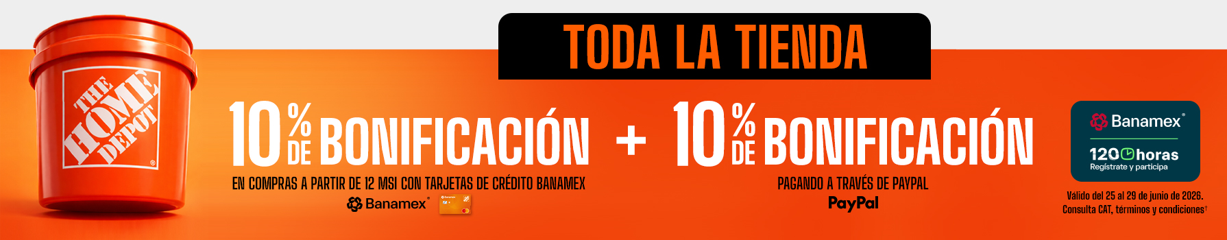 Toda la tienda 10% de bonificación en compras a partir de 12 msi con tarjetas de crédito banamex + 10% de bonificación pagando a través de PayPal