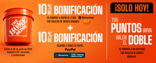 ¡Solo hoy! - Toda la tienda 10% de bonificación en compras a partir de 12 msi con tarjetas de crédito banamex + 10% de bonificación pagando a través de PayPal | ¡Solo hoy! Tus puntos BBVA valen el doble en compras a un solo pago con tarjetas de crédito BBVA