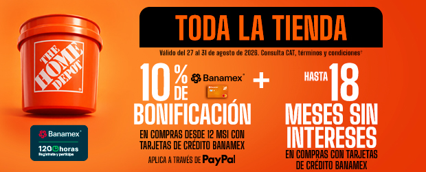 En toda la tienda, 10% de bonificación en compras desde 12 meses sin intereses con tarjetas de crédito Banamex. Aplica también pagando a través de Paypal. Además hasta 18 meses sin intereses en compras con tarjetas de crédito Banamex. Válido del 27 al 31 de agosto de 2026. Consulta CAT, términos y condiciones. 