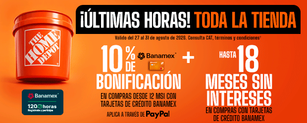 ¡Últimas horas! En toda la tienda, 10% de bonificación en compras desde 12 meses sin intereses con tarjetas de crédito Banamex. Aplica también pagando a través de Paypal. Además hasta 18 meses sin intereses en compras con tarjetas de crédito Banamex. Válido del 27 al 31 de agosto de 2026. Consulta CAT, términos y condiciones. 