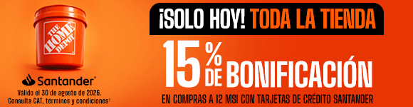 ¡Solo hoy! En toda la tienda, 15% de bonificación en compras a 12 meses sin intereses con tarjetas de crédito Santander. Válido el 30 de agosto de 2026. Consulta CAT, términos y condiciones.