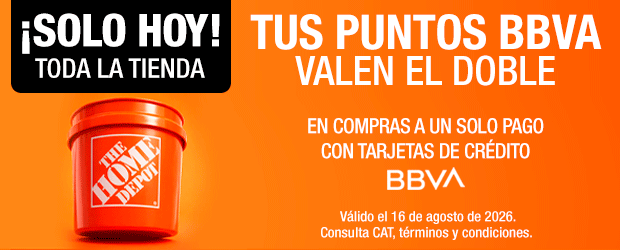 ¡Solo hoy! En toda la tienda. Tus puntos BBVA valen el doble en compras a un solo pago con Tarjetas de Crédito BBVA. Válido el 16 de agosto. Consulta CAT, términos y condiciones.