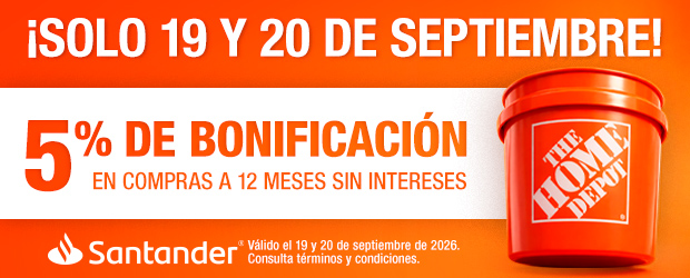 ¡Solo 19 y 20 de septiembre! En toda la tienda, 5% de bonificación en compras a 12 MSI con Tarjetas de Crédito Santander. Válido el 19 y 20 de septiembre de 2026. Limitado a 500 ganadores por día. Consulta CAT, términos y condiciones.