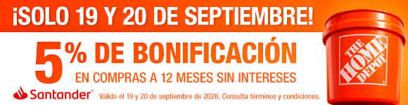 ¡Solo 19 y 20 de septiembre! En toda la tienda, 5% de bonificación en compras a 12 MSI con Tarjetas de Crédito Santander. Válido el 19 y 20 de septiembre de 2026. Limitado a 500 ganadores por día. Consulta CAT, términos y condiciones. 