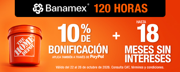 120 horas Banamex: 10% de bonificación con Tarjetas de Crédito  Banamex + hasta 18 meses sin intereses. Bonificación aplica también a través de Paypal.Válido del 22 al 26 de octubre de 2026. Consulta CAT, términos y condiciones.